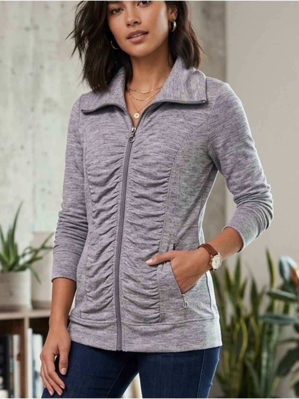 Ladies Revolution Gray Ruched Zip-Front Cardigan casual walk park    1350